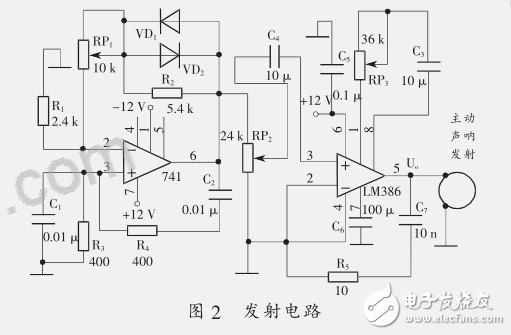 LM386應用電路之小功率主動聲吶發(fā)射及接收電路
