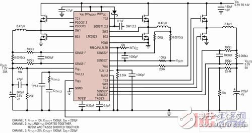 圖1 在6.5V至14V輸入范圍內(nèi)工作的雙輸出轉換器原理圖