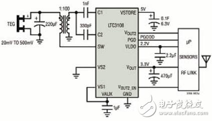 圖2 LTC3108用于無線遠端傳感器應(yīng)用,該應(yīng)用由熱電發(fā)生器供電(Peltier Cell)