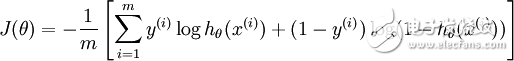 egin{align}J(	heta) = -frac{1}{m} left[ sum_{i=1}^m y^{(i)} log h_	heta(x^{(i)}) + (1-y^{(i)}) log (1-h_	heta(x^{(i)})) ight]end{align}