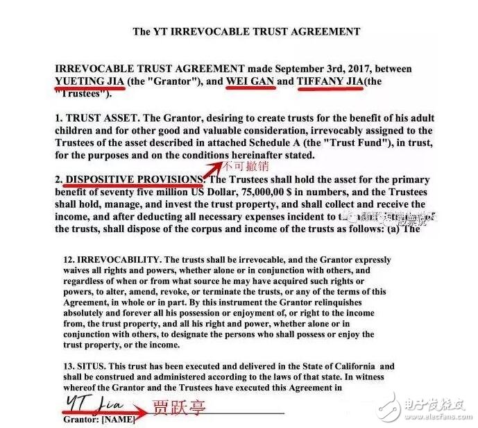 　　賈躍亭美國信托文件  　　1  　　據(jù)律師透露，最后文書的簽訂工作將會是2017年九月底，在文書最后完成以及資金打入指定信托賬號后，整個資金將會和賈躍亭完全無關(guān)，我再介紹一下相關(guān)知識。不可撤銷的生前信托（irrevocable living trusts）具備資產(chǎn)保護(hù)的功能（簡言之，債主無法追討到此類信托名下的財產(chǎn)），這是可撤銷生前信托功能所不及的，許多人知道這點(diǎn)時，都躍躍欲試，這是人之常情，不過，并非每個人都適合成立不可撤銷的信托。  　　絕大多數(shù)情形下，要成立不可撤銷的生前信托來保護(hù)資產(chǎn)，成立人不能是信托管理人，也就是說成立人不能直接碰觸信托本金；在美國加州，成立人要有把握將來不會需要以該信托本金做抵押貸款；雖然加州州準(zhǔn)許成立人撤銷這類信托，但需經(jīng)過所有利害關(guān)系人的書面同意；成立人也不能任意更改信托的重要內(nèi)容。在這些限制下，成立不可撤銷的信托的人經(jīng)常是在成立此類信托后還有足夠流動資產(chǎn)的人，或是有充分跡象（即有高度可能性）會積欠政府巨額醫(yī)療補(bǔ)助或?qū)ν馀e債、而特別需要保護(hù)家產(chǎn)的高齡者。  　　賈躍亭回應(yīng)  　　對此，賈躍亭發(fā)聲：“呵呵，我今天才發(fā)現(xiàn)在美國這么重要的法律文件，簽名居然可以用“YT”這個簡拼來簽。在這個造謠零成本的自媒體時代，居然也有如此無腦的造假者，而且他的謠文還輕而易舉的被捧為‘10萬+’?！? 　　與此同時，樂視控股也發(fā)聲明表示，惡意杜撰信托文件，將進(jìn)行法律訴訟。 以下是聲明內(nèi)容。  　　2  　　唉，想想當(dāng)時賈躍亭的造車夢，我只能說“蒙眼狂奔32個月，為它流淚哽咽為它丟了樂視網(wǎng)?！比绻?dāng)初賈躍亭沒有造車，如今的樂視恐怕不容小覷。一步錯步步錯。  　　當(dāng)初賈躍亭在為大家講述他的造車?yán)硐霑r曾放出豪言：“即使樂視造車萬劫不復(fù)，我們也義無反顧?！比缃?，幾乎一語成讖。  　　3  　　從卸任樂視網(wǎng)總經(jīng)理，到卸任樂視網(wǎng)董事長。在大堆債務(wù)的裹挾下，如今的他似乎已經(jīng)沒有回頭路可走。  　　就在辭任樂視網(wǎng)董事長的同日上午，賈躍亭還在微博上進(jìn)行公開表態(tài)，承諾他會負(fù)責(zé)到底。即使在這樣的聲明里，他仍然要提到樂視汽車，“懇請大家給樂視一些時間，給樂視汽車一些時間，我們會把金融機(jī)構(gòu)、供應(yīng)商以及任何的欠款全部還上。”  　　延伸閱讀：什么是信托_如何購買信托  　　什么是信托  　　信托，初看是金融，再看是法律安排，認(rèn)真感悟，是人性。信托之所以能夠存在，是基于信任，是基于對人性中善的一面的認(rèn)知。當(dāng)然，這種信任，也有法律制度的保障做基礎(chǔ)。  　　信托的本源是“我信任你，把某些資產(chǎn)托付給你去運(yùn)營和打理，到約定時間你給我一定收益”，受托人背負(fù)著信托責(zé)任。  　　由此可以看出信托的四個基本要素：即信托行為（委托），信托目的（運(yùn)營和打理資產(chǎn)，并獲得收益），信托當(dāng)事人（委托人、受托人），信托財產(chǎn)（委托的資產(chǎn)）。  　　信托的監(jiān)管機(jī)構(gòu)是銀監(jiān)會，信托公司屬于非銀行類金融機(jī)構(gòu)，其業(yè)務(wù)運(yùn)作均有法律依據(jù)，受法律約束。  　　1  　　如何購買信托  　　從推介（俗稱銷售）渠道看，信托產(chǎn)品有兩大渠道：1）信托公司自行銷售;2 ）委托外部機(jī)構(gòu)銷售  　　1、信托公司自行銷售  　　銀監(jiān)會頒布的《信托公司集合資金信托計劃管理辦法》對信托公司的產(chǎn)品退金額設(shè)置了嚴(yán)格的限制條件，如不得做廣告、未經(jīng)報備不得異地推介等。這其中，廣告推介限制基本都獲得了良好的遵守（部分監(jiān)管較松地區(qū)有公司打擦邊球），異地推介事實已被突破，監(jiān)管部門也默認(rèn)?，F(xiàn)在，不少信托公司都成立了獨(dú)立的財富管理中心，負(fù)責(zé)本公司產(chǎn)品及其他金融產(chǎn)品的銷售。委托外部機(jī)構(gòu)銷售  　　2、銀行渠道  　　根據(jù)《信托公司集合資金信托計劃管理辦法》，如果信托公司委托外部機(jī)構(gòu)銷售，必須委托金融機(jī)構(gòu)。在前幾年，銀行和信托公司合作較多，從項目推介到產(chǎn)品銷售都有，因此許多產(chǎn)品由銀行代銷。這是合法合規(guī)的。變化出現(xiàn)在去年年底。當(dāng)時華夏銀行上海嘉定支行違規(guī)代銷一般公司的私募產(chǎn)品，被媒體盛傳為信托產(chǎn)品，信托公司躺槍。后來，銀監(jiān)會要求銀行代銷信托產(chǎn)品，需獲得總行審批，導(dǎo)致銀行代銷渠道，特別是大型銀行代銷渠道菱縮。  　　3、非銀行金融機(jī)構(gòu)渠道  　　這幾年股市低迷，證券公司營業(yè)部業(yè)務(wù)不景氣，而這邊廂信托欣欣向榮，收益率高，又穩(wěn)定，還有剛性兌付，吸走不少投資者和資金。鑒于此，證券公司與其被動，不如主動應(yīng)對，化身理財咨詢，代理銷售信托產(chǎn)品。但去年資管產(chǎn)品出臺后，證券公司優(yōu)先銷售自己公司資管部門發(fā)行的資管產(chǎn)品，這一渠道也受到較大影響。  　　4、非金融機(jī)構(gòu)  　　這個就是灰色渠道了?，F(xiàn)在眾多投資咨詢公司等一般工商企業(yè)，實際也在代銷信托產(chǎn)品，而且占比極大，形成規(guī)模，監(jiān)管部門也默認(rèn)了這一現(xiàn)實。從風(fēng)險角度，金融機(jī)構(gòu)代銷信托產(chǎn)品，因為多是自己客戶，需要長期維護(hù)，且有監(jiān)管，一般較為謹(jǐn)慎，自身內(nèi)部會對產(chǎn)品進(jìn)行一定審查。而廣大非金融機(jī)構(gòu)第三方，則以盈利為第一要務(wù)，對風(fēng)險基本不重視。為了提高代銷競爭力，這些第三方把從信托公司獲取的傭金，直接切分一部分出來給投資者，而且是簽約打款后就直接給現(xiàn)金。這種做法，反過來對信托公司形成了惡性競爭。信托公司有必要在產(chǎn)品收益率設(shè)置上規(guī)避這一問題。