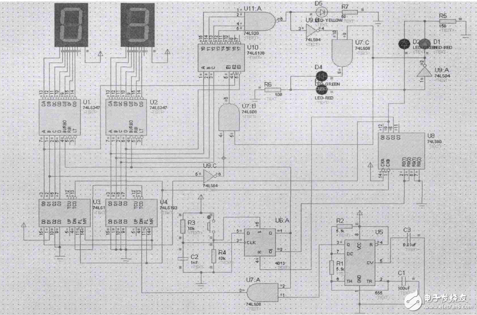 基于74LS192的級(jí)聯(lián)實(shí)現(xiàn)紅綠燈的倒計(jì)時(shí)設(shè)計(jì)（附紅綠燈設(shè)計(jì)仿真電路）