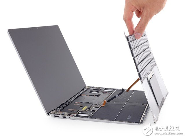 撬下來之后別著急，鍵盤有排線與主板相連，千萬小心。