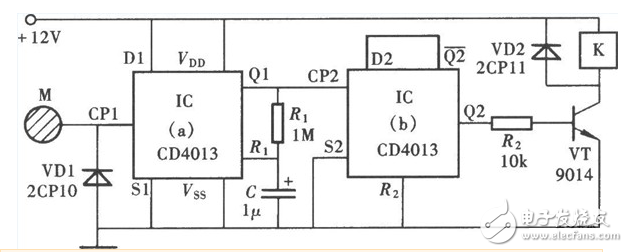 cd4013應(yīng)用電路圖大全（觸摸開關(guān)電/定時(shí)器/繼電器/電源頻率檢測(cè)器）