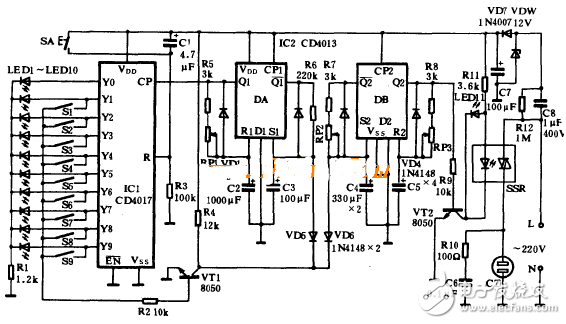 cd4017電子制作電路圖大全（單鍵觸摸開關(guān)/幸運(yùn)抽獎(jiǎng)機(jī)/紅綠燈/密碼鎖）